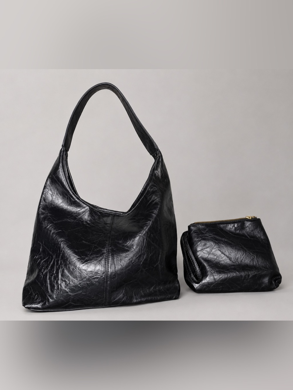 Large Black Slouchy Hobo Shoulder Bag w/ Matching Zip Wristlet Faux Leather